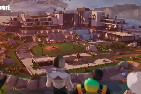 Luksusowa willa z basenem i palmami, widok na morze. Gracze Fortnite przygotowują się do akcji w Fortnite sezon 4.