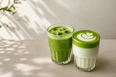 Dwa szklanki z zielonym napojem. Jeden to orzeźwiająca matcha z lodem, drugi to matcha latte z pianką.