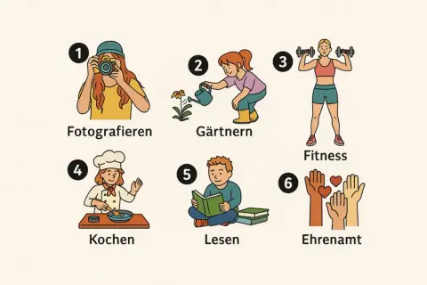 Sechs Icons zeigen Aktivitäten: Fotografieren, Gärtnern, Fitness, Kochen, Lesen, Ehrenamt. Welcher Test zeigt, wie ist mein Charakter?