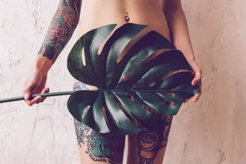 Körper mit detaillierten Tätowierungen, die sich über Arm und Beine erstrecken. Ein großes Monstera-Blatt verdeckt den Intimbereich, ein subtiler Hinweis auf ein intim tattoo.