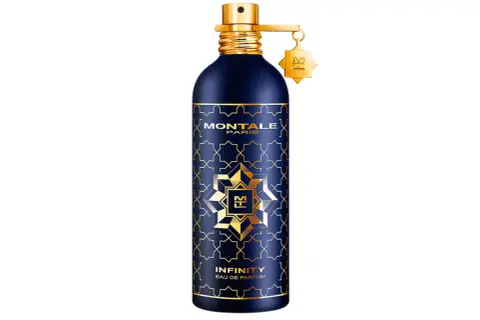 Granatowa butelka perfum Montale Infinity z złotymi zdobieniami i zawieszką.