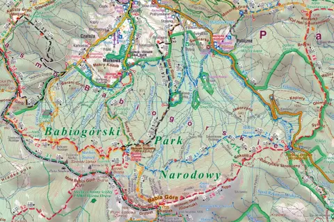 Mapa turystyczna **Beskidu Żywieckiego** z zaznaczonymi szlakami, szczytami i obiektami.
