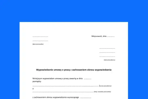 Formularz wypowiedzenia umowy o pracę na czas określony. Dokument zawiera pola na dane pracownika i pracodawcy oraz treść oświadczenia o wypowiedzeniu.