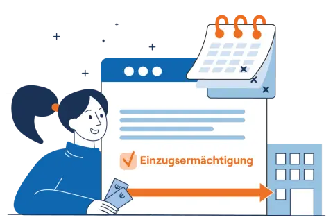 Frau erteilt Einzugsermächtigung für regelmäßige Zahlungen, was durch ein Häkchen und Euro-Scheine symbolisiert wird. Effizientes EFT Banking.