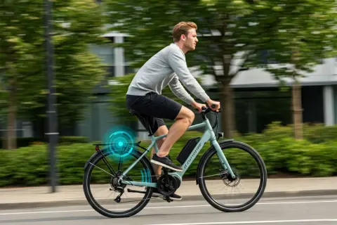 Hombre pedalea en una bici eléctrica, disfrutando del paisaje urbano. ¡Hay que pedalear en una bici eléctrica para moverse con facilidad!