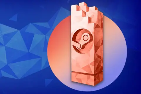 Pomnik z logo Steam, przypominający wieżę, na tle niebieskich geometrycznych wzorów.