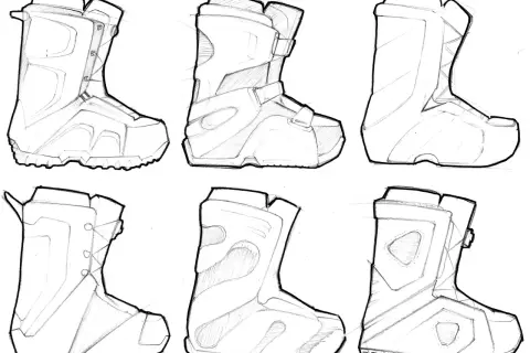 Szkice pokazują różne modele damskich butów snowboardowych, od klasycznych po bardziej nowoczesne.
