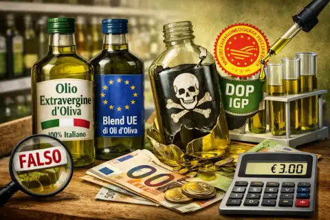 Olio extravergine di oliva DOP contraffatto, con teschio e ossa incrociate, monete, banconote e calcolatrice.