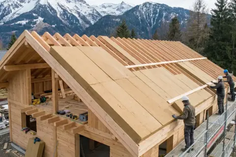 Travailleurs installant une isolation sur le toit d'une maison en bois, dans un paysage montagneux. L'isolation rampante assure le confort.