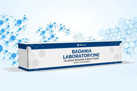 Opakowanie z napisem "Badania laboratoryjne celiakia badania genetyczne". Idealne do diagnostyki celiakii.