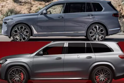 Porównanie SUV-ów: szare BMW X7 i srebrny Mercedes. Zwróć uwagę na detale i BMW X7 wymiary.