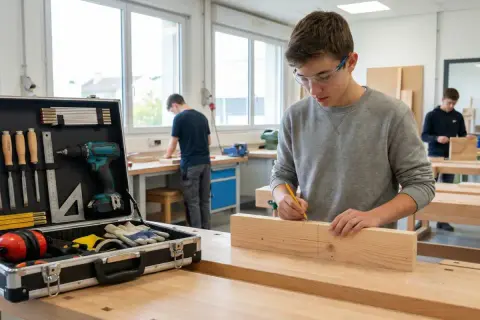 Un jeune homme concentré dessine des marques sur une planche de bois dans un atelier bricolage. Une mallette d'outils est ouverte à côté.