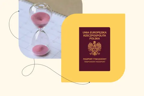 Klepsydra na kalendarzu symbolizuje, ile sie czeka na paszport. Obok widoczny polski paszport tymczasowy.