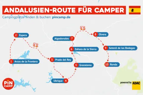 Karte zeigt eine Camper-Route durch Andalusien mit Zielen wie Arcos de la Frontera, Ronda und Olvera. Perfekt für Ihre nächsten Reiseziele Andalusien!