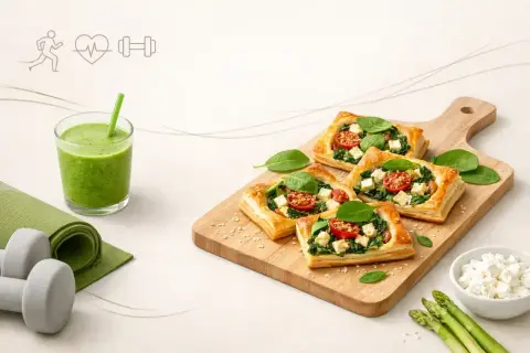 Zdrowe przekąski: ciasto francuskie z fetą i szpinakiem, zielony koktajl, hantle i mata do ćwiczeń. Sprawdź, jakie ciasto francuskie kcal ma ta wersja!
