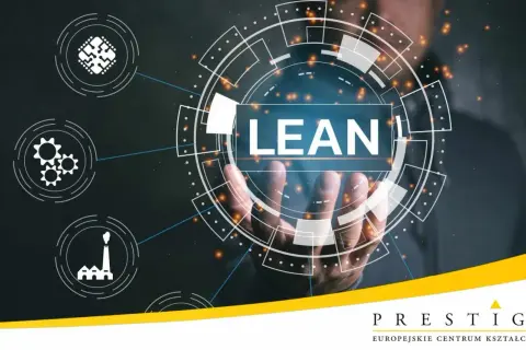 Dłoń dotyka interaktywnego ekranu z napisem LEAN. Ikony symbolizują procesy i produkcję, sugerując lean szkolenie.