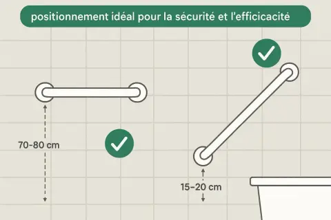 Schéma montrant les dimensions idéales pour les barres d'appui dans un wc pmr : 70-80 cm de hauteur pour une barre horizontale, 15-20 cm pour une barre inclinée.