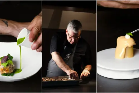 Chef en un restaurante estrella Michelin prepara un plato con esmero. La cocina de autor se refleja en cada detalle.