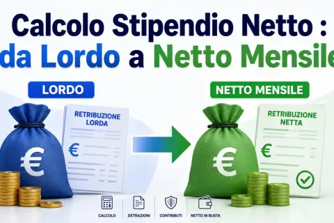 Calcolo stipendio: da lordo a netto mensile. Sacchi di denaro e buste paga mostrano la trasformazione.