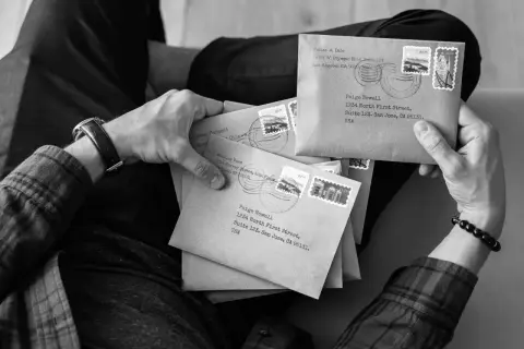 Dłonie trzymają stos brązowych kopert z adresami, znaczkami i pieczątkami pocztowymi. Jedna z kopert jest zaadresowana na "Paige Newell", sugerując odbiór poste restante.