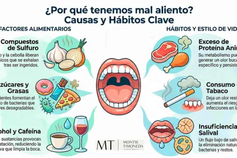Ilustración sobre las causas del mal aliento, incluyendo alimentos como ajo y cebolla que provocan olor a caca en la boca, azúcares, grasas, alcohol, cafeína, exceso de proteína, tabaco y poca saliva.