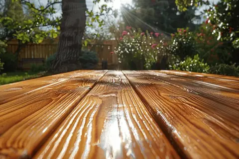 Table en bois fraîchement traitée avec une lasure, reflétant le soleil dans un jardin verdoyant.