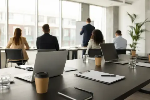 Uczestnicy szkolenia w sali konferencyjnej, gdzie omawiane są assessment center przykłady i odpowiedzi. Na stole laptopy i notatniki.