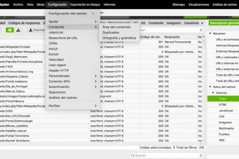 Herramienta SEO muestra una lista de partes de una URL de Wikipedia, con opciones de configuración y análisis.