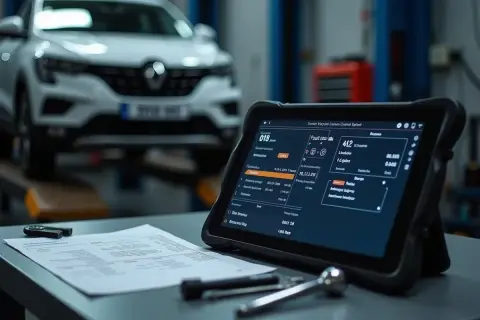 Diagnóstico de un Renault 1525f3 en taller. Tablet muestra datos del vehículo y herramientas a su lado.