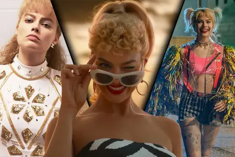 Margot Robbie i tre olika roller: glamorös, lekfull och vild. En collage av filmer med Margot Robbie.