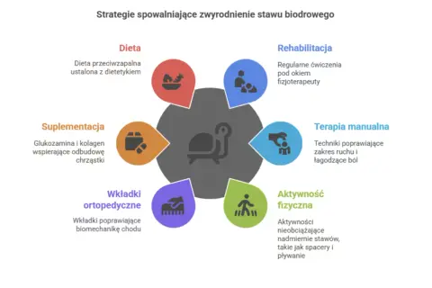 Strategie spowalniające zwyrodnienie stawu biodrowego: dieta, suplementacja, wkładki ortopedyczne, aktywność fizyczna, rehabilitacja, terapia manualna. Domowe sposoby na zwyrodnienie stawu biodrowego.