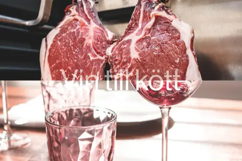 Två råa ryggbiffar hänger redo för grillen, med ett glas rött vin som väntar. Perfekt vin till ryggbiff.