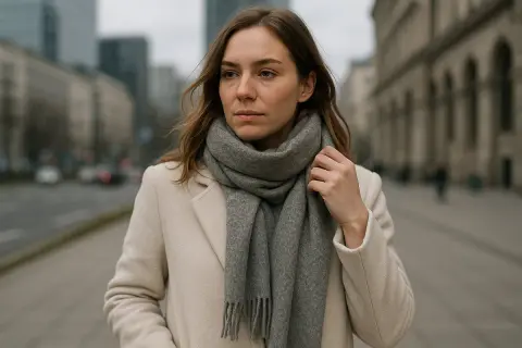 Kobieta w beżowym płaszczu i szarym szaliku na tle miasta. Idealne połączenie, jaki szalik do beżowego płaszcza? Szary!