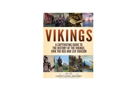 Okładka książki "Vikings" z ilustracjami przedstawiającymi statki, wojowników i artefakty. To fascynujące książki o wikingach.
