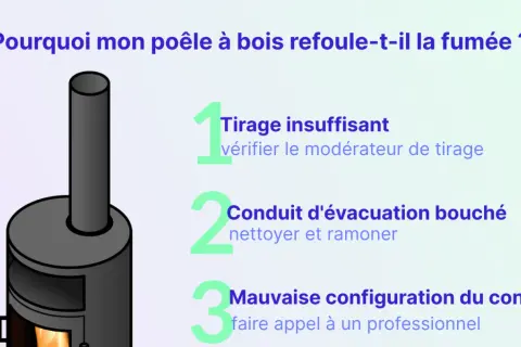 Illustration d'un poêle à bois avec des conseils pour résoudre les problèmes de tirage insuffisant, de conduit bouché ou de mauvaise configuration.