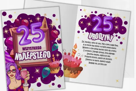 Dwie kartki urodzinowe z motywem liczby 25, tortem i życzeniami.