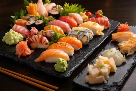 Talerz sushi z łososiem, tuńczykiem i krewetkami. Czy sushi jest kaloryczne? Zależy od dodatków, ale to danie jest zdrowe i pyszne.