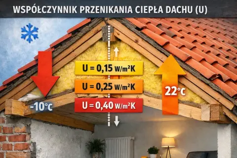 Współczynnik przenikania ciepła wzór U dla dachu: od 0,15 do 0,40 W/m²K, pokazujący różnice temperatur -10°C i 22°C.