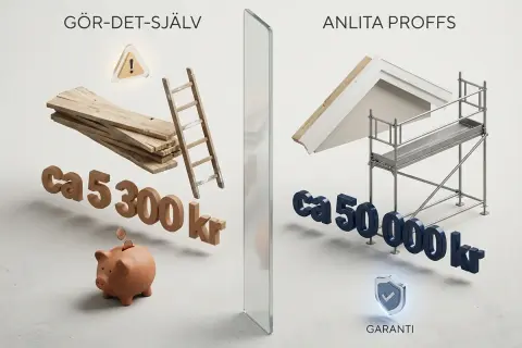 Jämförelse av kostnader för att byta vindskivor: gör-det-själv med brädor och stege för ca 5 300 kr, eller anlita proffs med ställning för ca 50 000 kr.