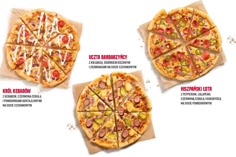 Trzy pizze: Król Kebabów, Uczta Barbarzyńcy i Hiszpański Łotr. Nie podano, ile cm ma duża pizza.