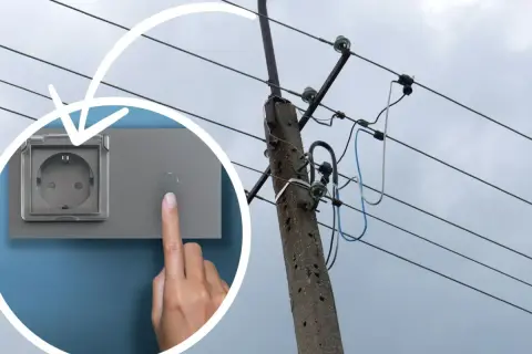 Zastanawiasz się, ile metrów przewodu elektrycznego na dom potrzeba? Obrazek pokazuje gniazdko i słup energetyczny, symbolizując potrzebę energii.