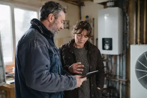 Un technicien discute avec une cliente d'une tablette, devant une chaudière gaz et une unité extérieure. Aide remplacement chaudière gaz.