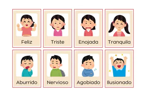 Tarjetas con dibujos de emociones para niños: feliz, triste, enojada, tranquila, aburrido, nervioso, agobiado, ilusionado.