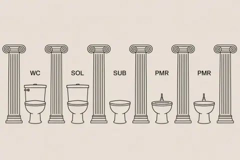 Comparaison de la hauteur sortie wc : WC, SOL, SUB, PMR. Différents modèles de toilettes présentés sous des colonnes antiques.