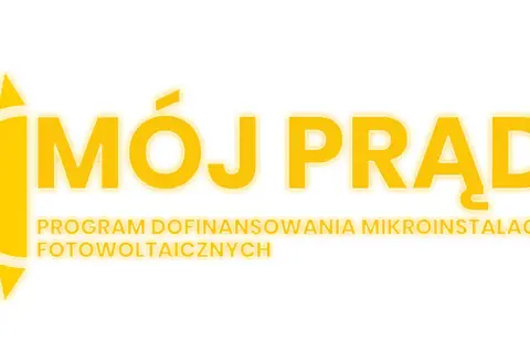 Logo programu "Mój Prąd" z symbolem słońca i napisem "PROGRAM DOFINANSOWANIA MIKROINSTALACJI FOTOWOLTAICZNYCH".