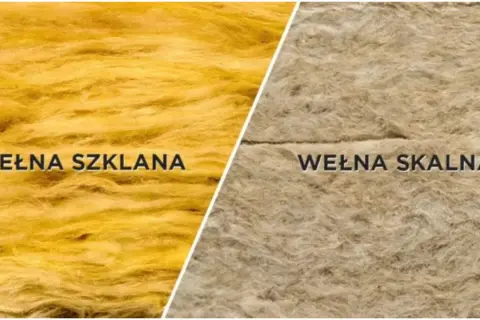 Dwie rodzaje wełny: żółta wełna szklana i beżowa wełna skalna, porównanie materiałów izolacyjnych.