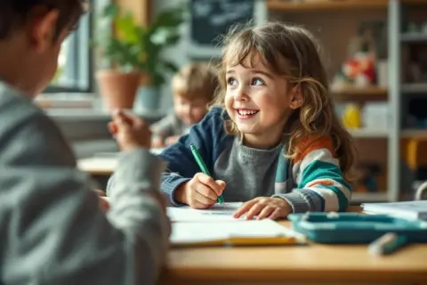Une petite fille souriante fait son exercice c. Elle écrit avec un stylo vert, concentrée sur sa tâche.
