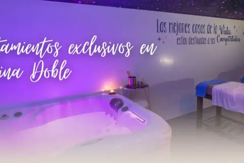 Disfruta de tratamientos exclusivos en cabina doble en el spa Olimpia. Relájate en la bañera de hidromasaje o en las camillas preparadas para ti.
