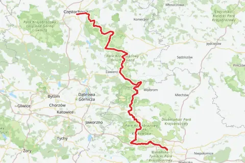 Mapa z zaznaczoną na czerwono trasą rowerową Szlak Orlich Gniazd, biegnącą przez malownicze tereny Jury Krakowsko-Częstochowskiej.