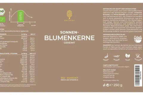 100% BIO-Sonnenblumenkerne (gekeimt), reich an Vitamin E. Diese gesunden Sonnenblumenkerne sind eine Nährstoffbombe.